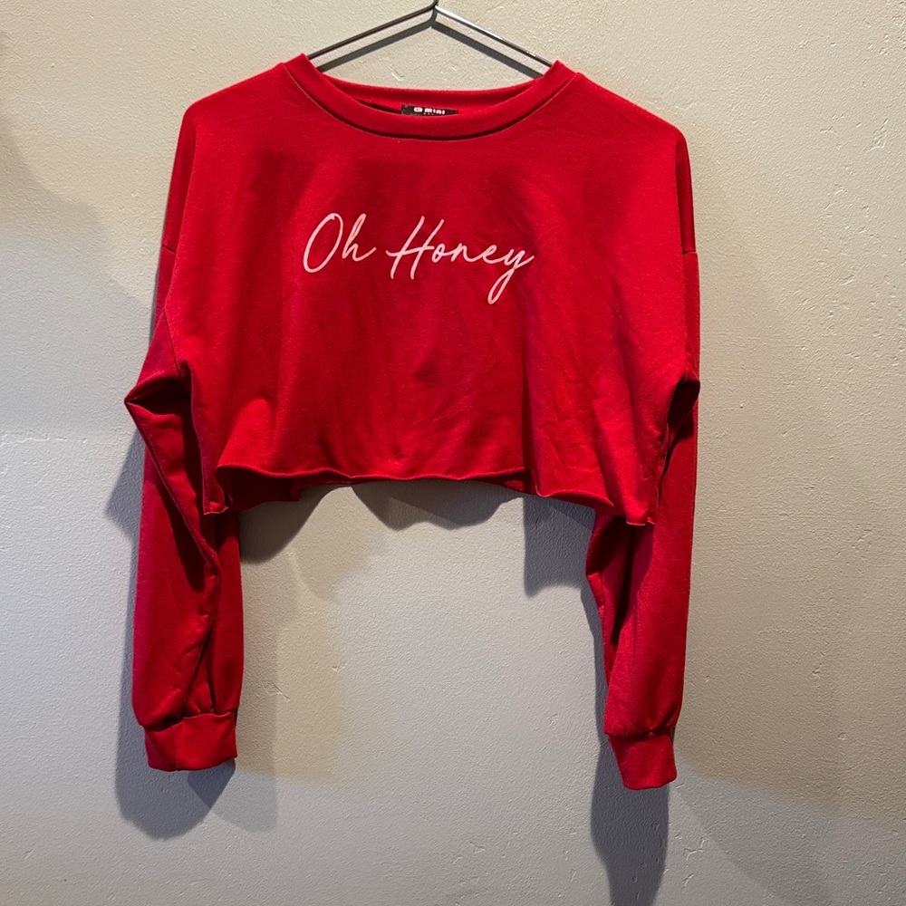 Oh Honey G Mini Cherry Red Cropped Crop Long Sleeve Sweatshirt Top